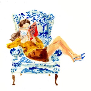 Art Print: Blue Chair Reader {Working From Home, Cute Wall Art, Home Decorating, Original Painting, Watercolor, Wall Decor, Interior Design}