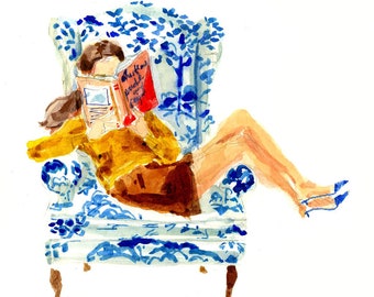 Art Print: Blue Chair Reader {Working From Home, Cute Wall Art, Home Decorating, Original Painting, Watercolor, Wall Decor, Interior Design}