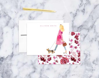 Personalized Stationery Set: Pink Coat Headband Girl With Yorkie {Stationary Notecards, Personalized, Watercolor, Custom}