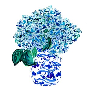 Art Print: Hydrangeas in a Ginger Jar {Cute Wall Art, Home Decorating, Painting, Watercolor, Apartment Decor, Decorating}