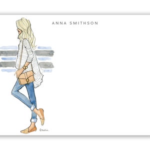 May include: A woman with blonde hair wearing a striped shirt, blue jeans, and brown shoes. She is carrying a brown handbag and is standing in front of a wall with gray and blue stripes. The text "ANNA SMITHSON" is at the top of the image.