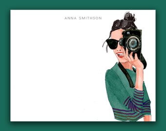 Custom Stationery: Camera Girl Teal {Stationary Notecards, Personalized, Watercolor, Custom, Fashion Drawing, Girly}