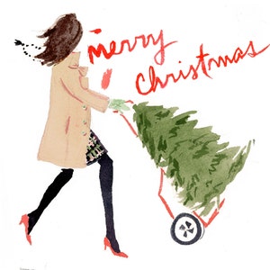 Holiday Christmas Cards: Tree Toting in Camel { Fashion Christmas Card }