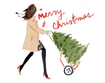 May include: A woman in a beige coat and black tights pushes a red wagon with a green Christmas tree. The text "merry christmas" is written in red above the wagon.