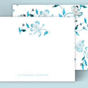 Personalized Stationery: Peony Floral Blue And White {Stationary Notecards, Personalized, Watercolor, Monogram, Custom, Drawing, Girly}