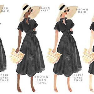 Tarjeta de felicitación personalizada: Chica vestida de negro con sombrero de sol {Tarjetas de felicitación, personalizadas, acuarela, diseño de moda, estilo femenino}