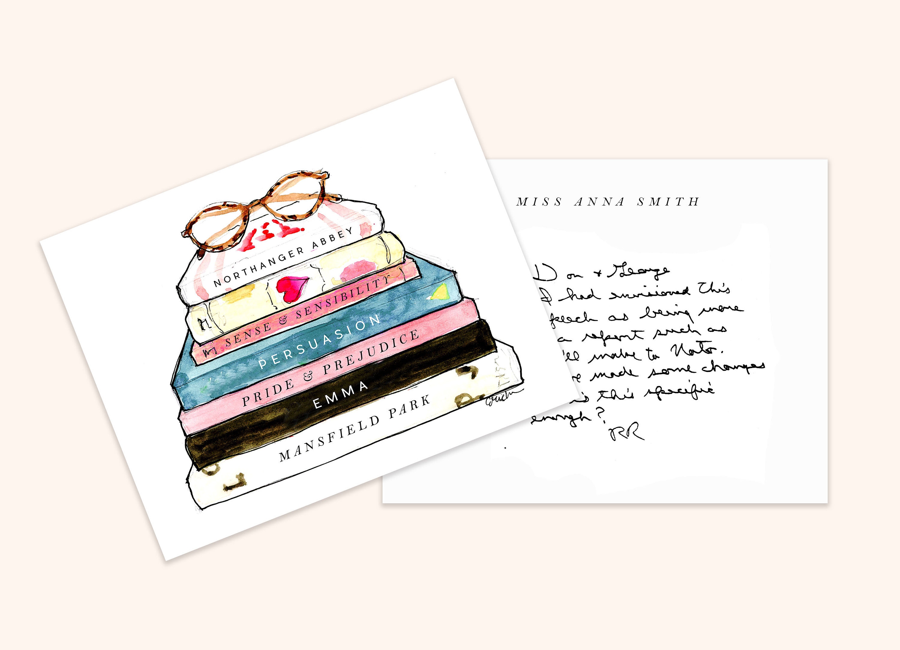Customizable Book Stack Notecards: Personalized Stationery {Stationary Notecards, Personalized, Watercolor, Custom, Fashion Drawing, Girly}