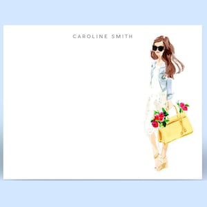 Custom Stationery Girl: Denim Jacket Girl {Stationary Notecards, Personalized, Watercolor, Custom, Fashion Drawing, Girly}