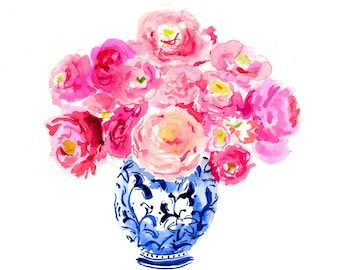 Art Print: Peonies Tightly Bunched {Cute Wall Art, Home Decorating, Original Painting, Watercolor, Apartment Decor, Apartment Decor}
