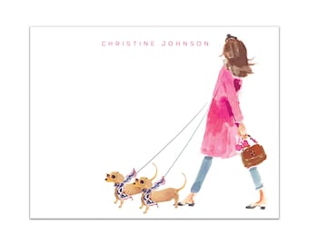 Custom Stationery Girl: Pink Coat Headband Girl Two Cream Dachshunds {Stationary Notecards, Personalized, Watercolor, Fashion}