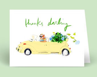 Convertible Girl Thank You Cards Yellow {Stationary Notecards, Personalized, Watercolor, Custom, Fashion Drawing, Girly}