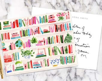 Personalized Stationery: Bright Bookshelf {Stationary Notecards, Personalized, Watercolor, Custom, Fashion Drawing, Girly}