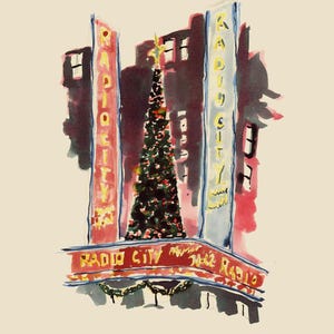 Op de afbeelding: Een aquarel van Radio City Music Hall in New York City met een kerstboom voor het gebouw. Het gebouw is versierd met rode en blauwe lichten en het bord zegt "Radio City Music Hall".