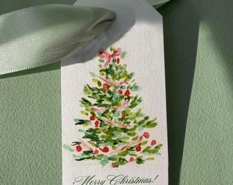 Personalized Christmas Gift Tags – Watercolor Pink Garland Tree, Set of 12+, Red Blush & Green Tree