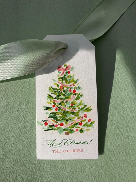 Personalized Christmas Gift Tags – Watercolor Pink Garland Tree, Set of 12+, Red Blush & Green Tree