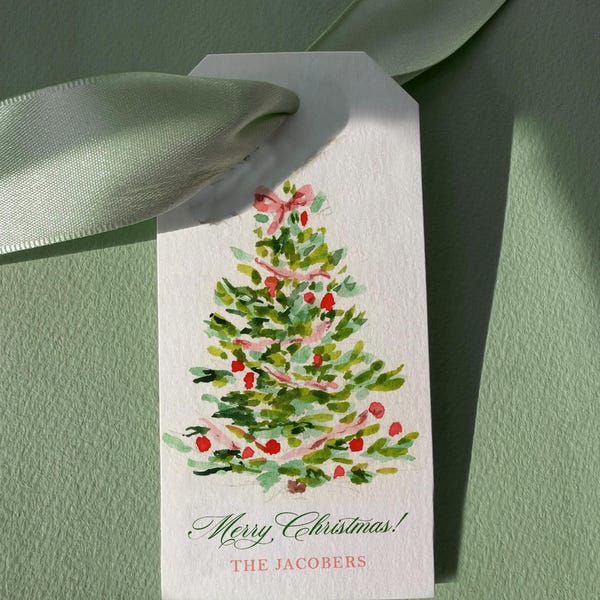 Personalized Christmas Gift Tags – Watercolor Pink Garland Tree, Set of 12+, Red Blush & Green Tree
