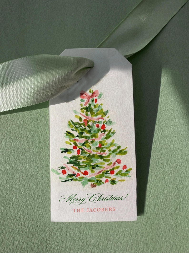 Personalized Christmas Gift Tags – Watercolor Pink Garland Tree, Set of 12+, Red Blush & Green Tree image 1