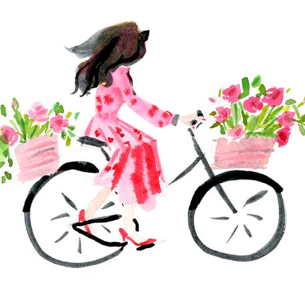 Art Print: Rose Bike Girl {Cute Wall Art, Home Decorating, Original Painting, Watercolor, Wall Decor, Interior Design, Girly}