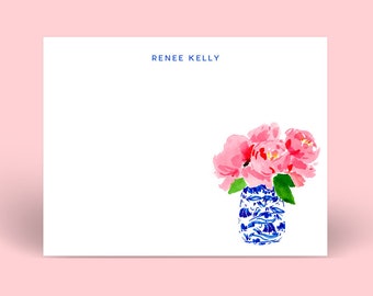 Personalized Peony Note Cards - Custom Ginger‑Jar Stationery Set, Watercolor A2 Cards, Gift for Hostess or Mom