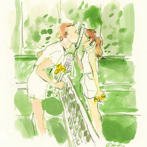 Art Print: Audrey Hepburn and Mel Ferrer Tennis Lessons No. 1 {Cute Wall Art, Home Decor, Painting, Watercolor, Apartment, Decorating}
