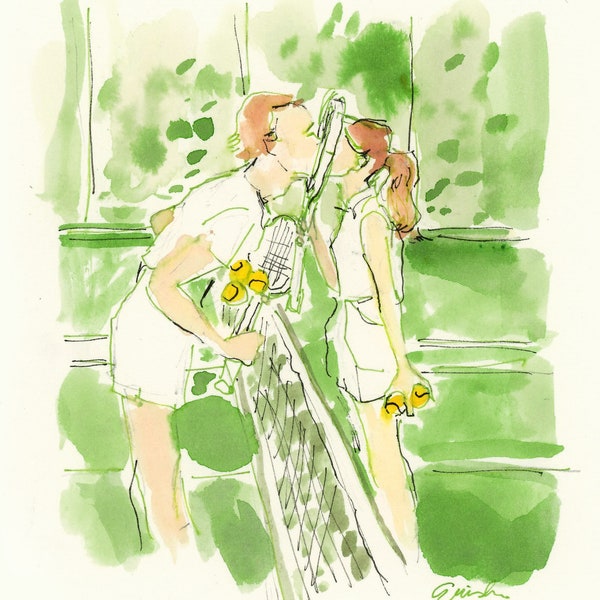 Art Print: Audrey Hepburn and Mel Ferrer Tennis Lessons No. 1 {Cute Wall Art, Home Decor, Painting, Watercolor, Apartment, Decorating}