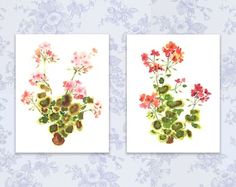 Geranium Print Set (Pink Geranium and Red Geranium) {Cute Wall Art, Home Decorating, Original Painting, Watercolor, Girly}