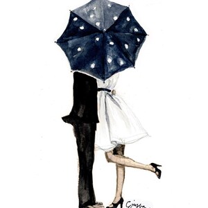May include: A watercolour illustration depicting a couple embracing under a navy blue umbrella with white spots. The man is in a black suit, the woman in a white dress and black heels. The artwork is signed "Grischa".