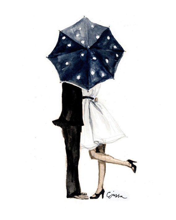 Art Print: Behind the Umbrella {Cute Wall Art, Home Decorating, Original Painting, Watercolor, Apartment Decor, Interior Design, Ideas}