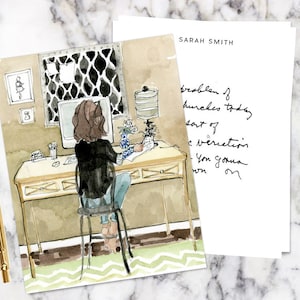 May include: A watercolor illustration of a person sitting at a desk in front of a computer. The person is wearing a black shirt and blue jeans. The desk is made of wood and has a lamp on it. There is a green and white rug on the floor. The text on the notecard says "Sarah Smith, problem? hunches today sort of a direction. You gonna run on"