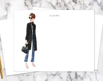 Personalized Stationery: Black Coat Pixie Cut {Stationery Notecards, Personalized, Watercolor, Monogram, Custom, Fashion Drawing, Girly}