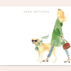 Personalized Stationery Set: Green Coat Headband Girl With Golden Retriever {Stationary Notecards, Personalized, Watercolor, Custom}