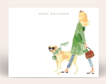 Personalized Stationery Set: Green Coat Headband Girl With Golden Retriever {Stationary Notecards, Personalized, Watercolor, Custom}