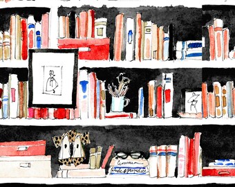 Art Print: Bookshelf Print {Book Sketch, Reader, Reading Drawing, Cute Sketch, Girly, Fashion Illustration, Home Decorating, Watercolor}