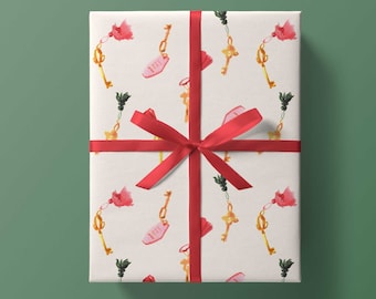 Holiday Wrap: Vintage Keys {Christmas, Holiday, Birthday, Gift Wrap, Wrapping Paper} Skiiers (Holiday Hotel)