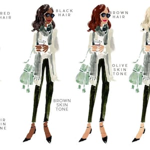 May include: Four illustrations of women with different hair colors and skin tones. Each woman is wearing a white cardigan, a gray scarf, dark green pants, and black shoes. The women are holding a cup of coffee. The text below each woman describes their hair color and skin tone.