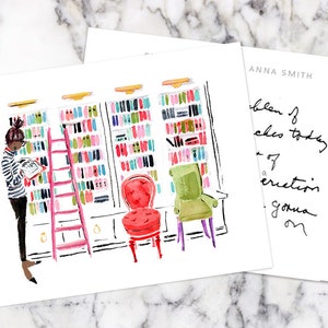 Personalized Stationery Notecards: Library Girl {Stationary Notecards, Personalized, Watercolor, Custom, Drawing, Girly, Books}
