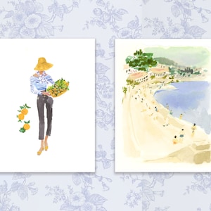 Print Set: Orange Basket Girl & Italian Seaside {Cute Wall Art, Bicycle Art, Fashion, Home Decorating, Original Painting, Watercolor}