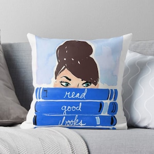 Illustrated Pillow: Read Good Books Brunette in Blue {cute pillow, illustration pillow, book pillow, girl&#39;s room, dorm room, reading pillow}