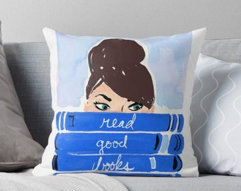 Illustrated Pillow: Read Good Books Brunette in Blue {cute pillow, illustration pillow, book pillow, girl's room, dorm room, reading pillow}