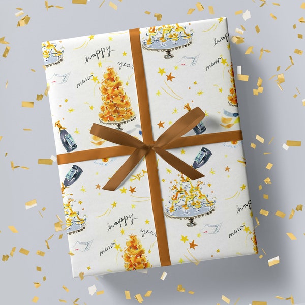 New Year's Wrapping Paper: Croquembouche And Champagne {Christmas, Holiday, Birthday, Gift Wrap}