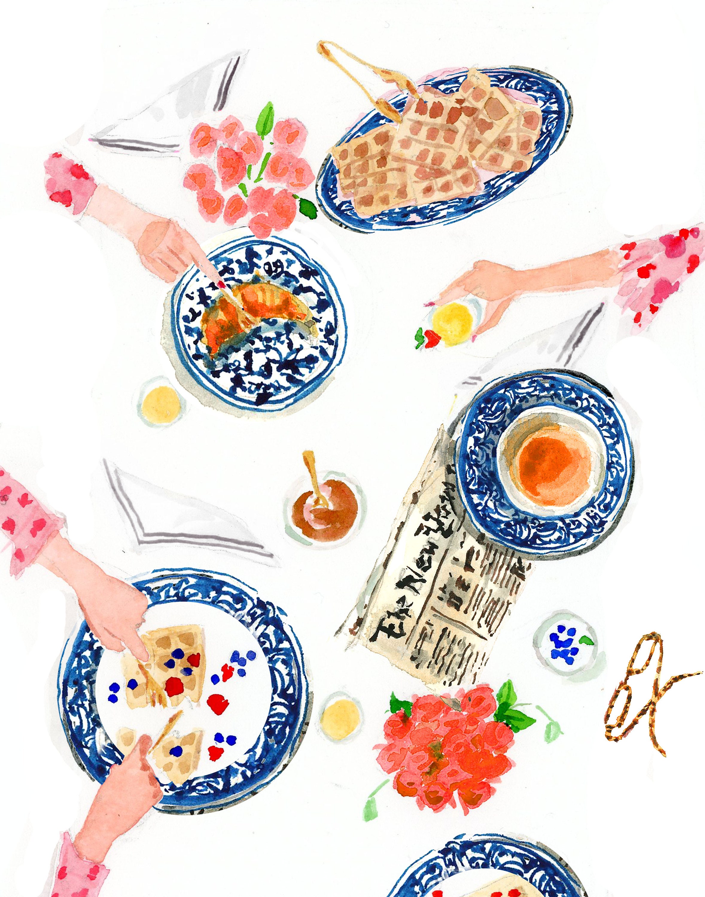 Art Print: Brunch Print Blue & White Dishes {Cute Wall Art, Home Decorating, Original Painting, Watercolor, Wall Decor, Interior Design}