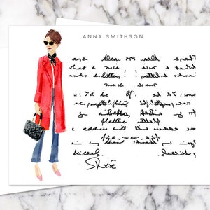 May include: A handwritten note on white paper with a red and blue illustration of a woman wearing a red coat, black and white handbag, and blue jeans. The note says "Anna Smithson" at the top and includes the text "I'd be of... ad sto... prapplelight...  завева, dass... flattere... readers will be...  Licach. Shave"