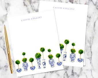 Watercolor Watercolor Custom Stationery: Topiary Ginger Jars Serif Font {Stationery Notecards, Personalized, Watercolor, Watercolor}