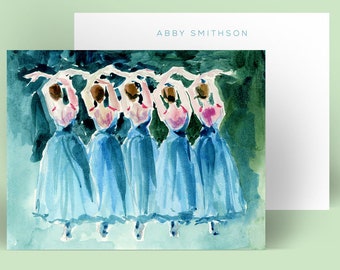 Personalized Stationery: Ballerinas in Blue {Stationary Notecards, Personalized, Watercolor, Custom, Fashion Drawing, Girly}