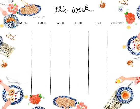 Week at a Glance Pad: Blue and White Brunch {To Do List, Fashion  Illustration, Office Organization, Office Supplies, Grocery List}