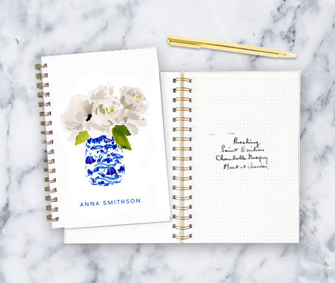 Personalized Gold Spiral Notebook: White Peonies in a Ginger Jar - Etsy