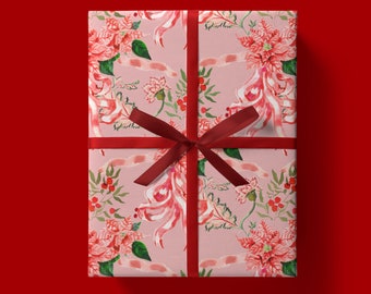 Holiday Wrap: Sofia Poinsettia Pink on Pink{Christmas, Holiday, Birthday, Gift Wrap, Wrapping Paper} Skiiers