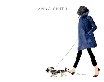 Personalized Stationery Girl: Navy Peacoat Tricolor Cavalier {Stationary Notecards, Personalized, Watercolor, Custom}