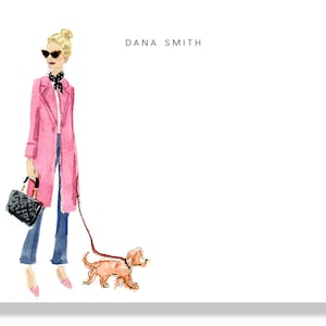 Custom Stationery Girl: Pink Coat with Apricot Poodle {Stationary Notecards, Personalized, Watercolor, Monogram, Custom, Drawing}