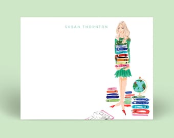 Custom Stationery Girl: Globe Girl {Stationary Notecards, Personalized, Watercolor, Monogram, Custom,Fashion Drawing, Girly}